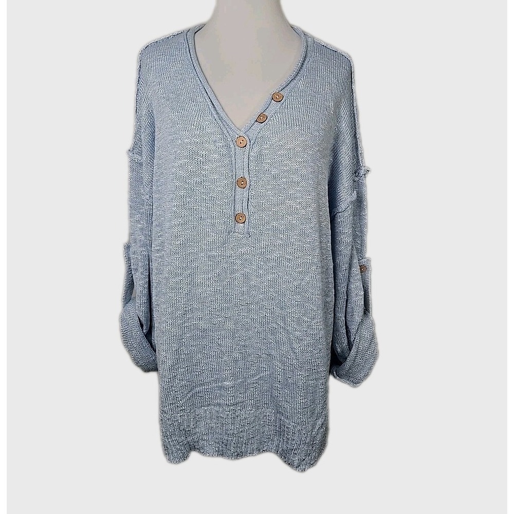 Miracle Light Blue Open Knit Tab‎ Sleeve Oversized Sweater Top Size M/L  New